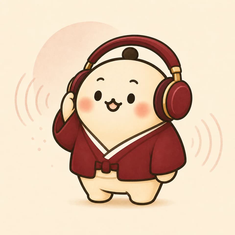 寄席ミルのマスコットがヘッドホンで音声番組を聴いているイラスト