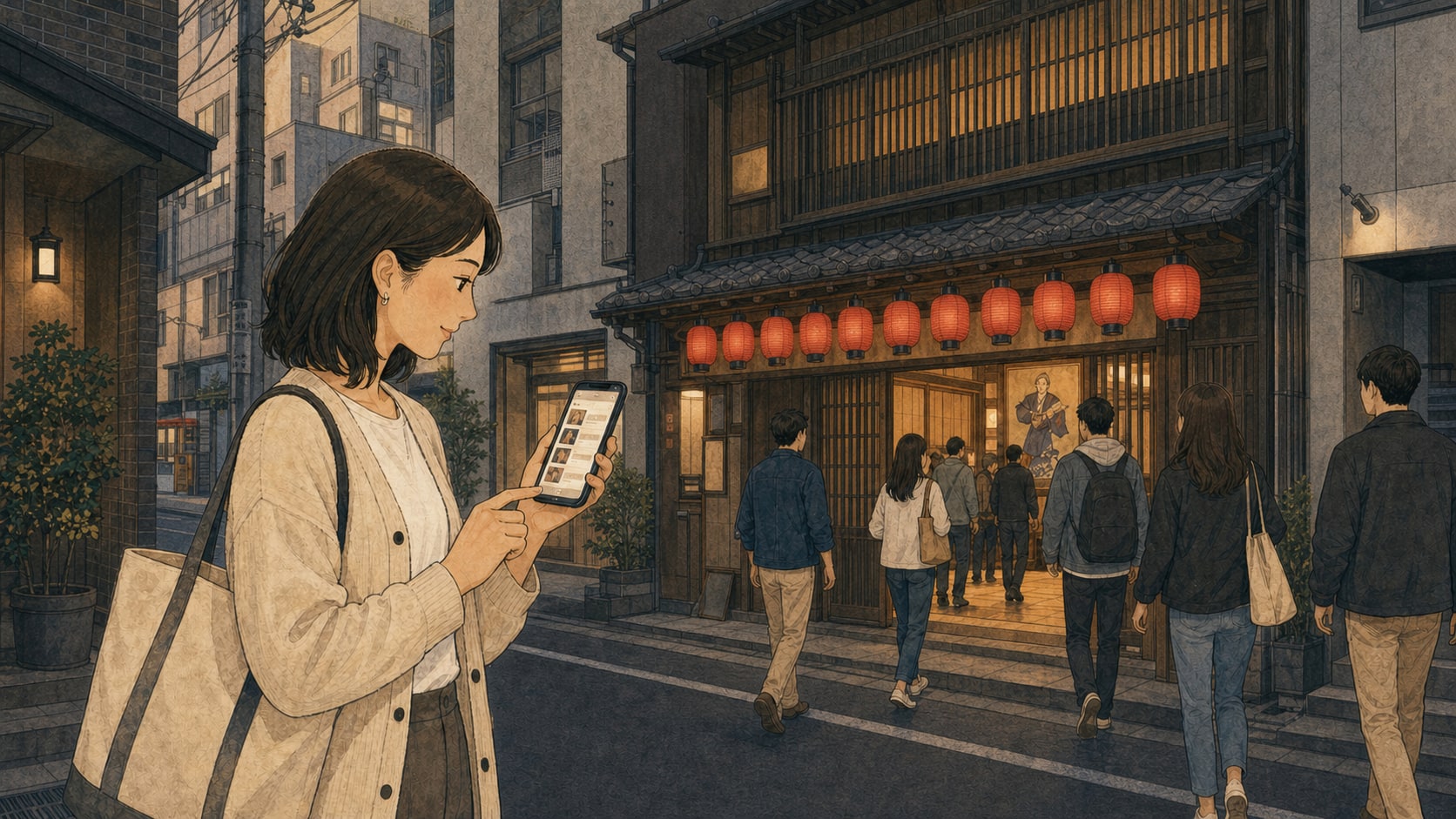 スマートフォンで寄席を探し、東京の演芸場を訪れる女性のイラスト