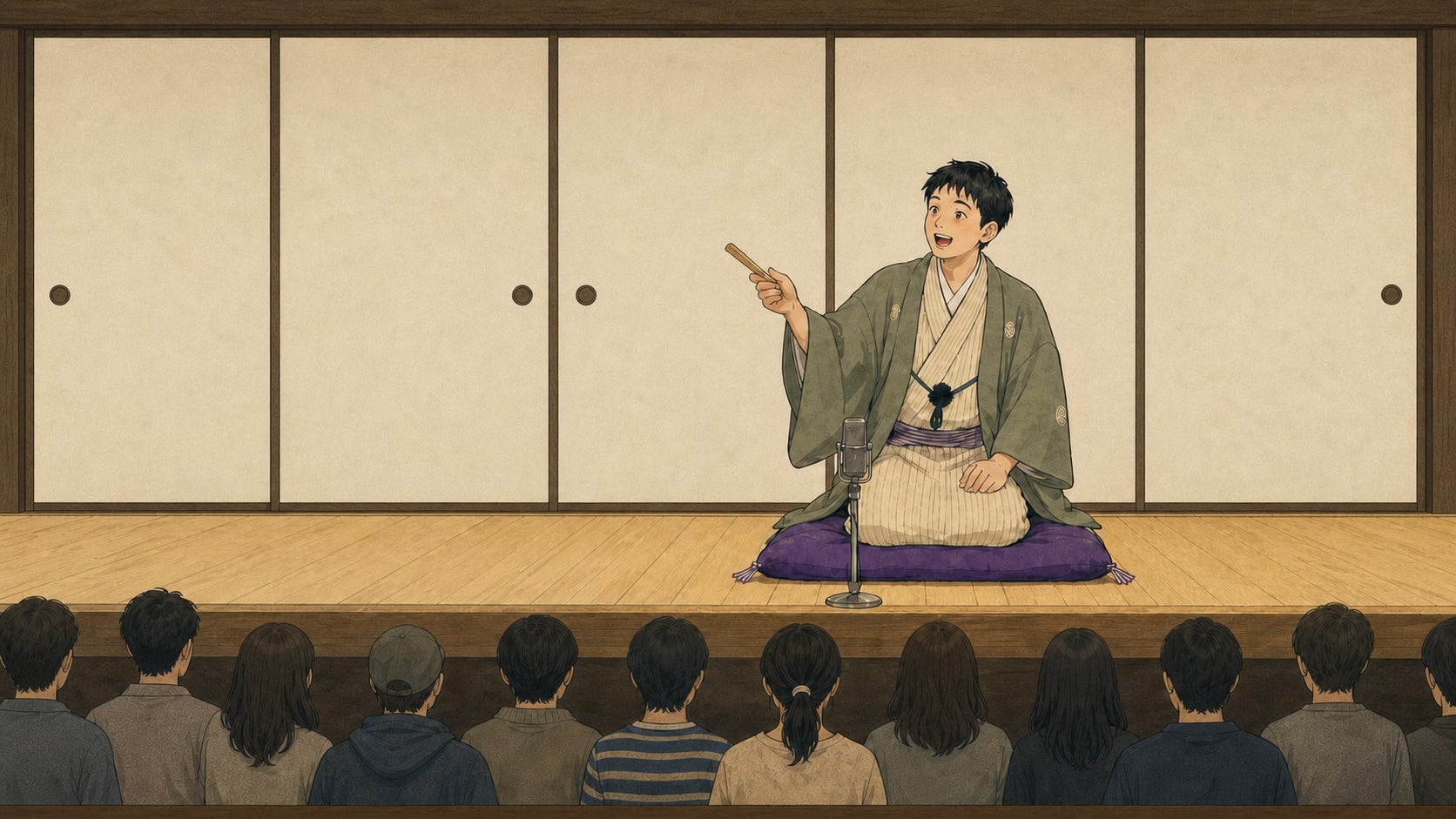 シンプルな襖を背景に、若手の落語家が高座で一席を演じる様子を描いたイラスト