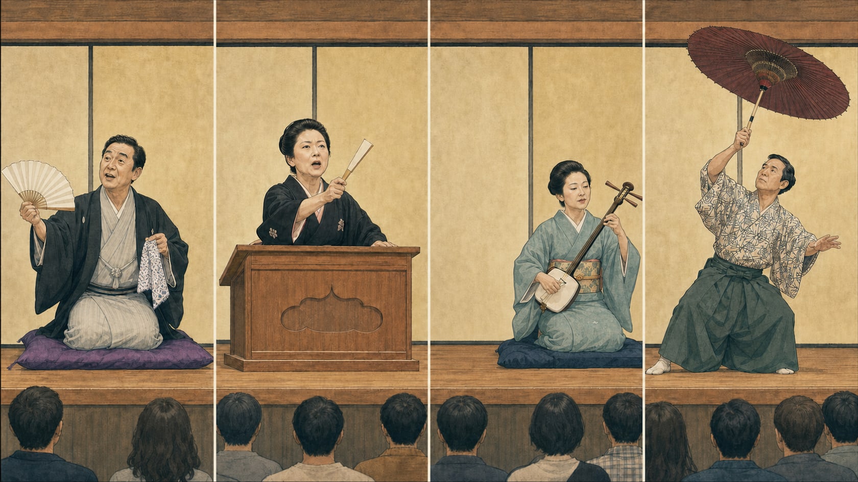 落語家、講談師、浪曲の三味線を弾く曲師、太神楽曲芸を4場面で示したイラスト
