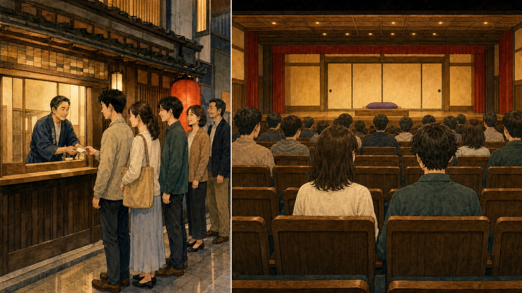 寄席の窓口で当日券を買い、舞台に向いた座席へ着席する流れのイラスト